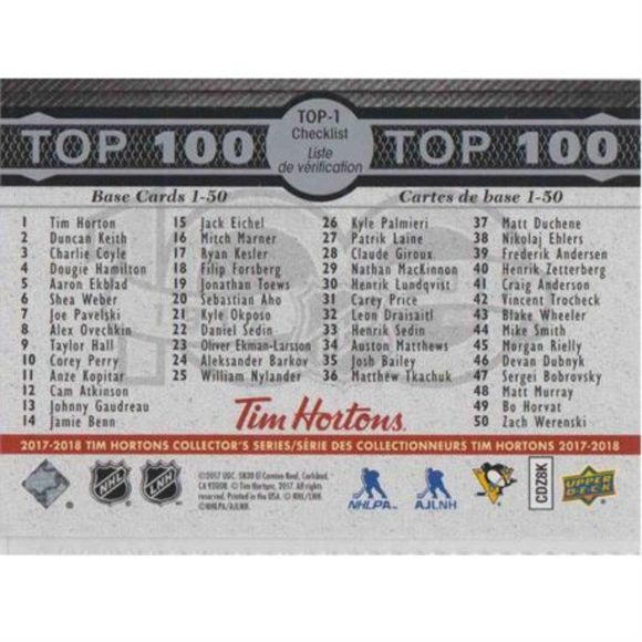2017-18 SIDNEY CROSBY TIM HORTONS TOP 100 CARD - Picture 2 of 2